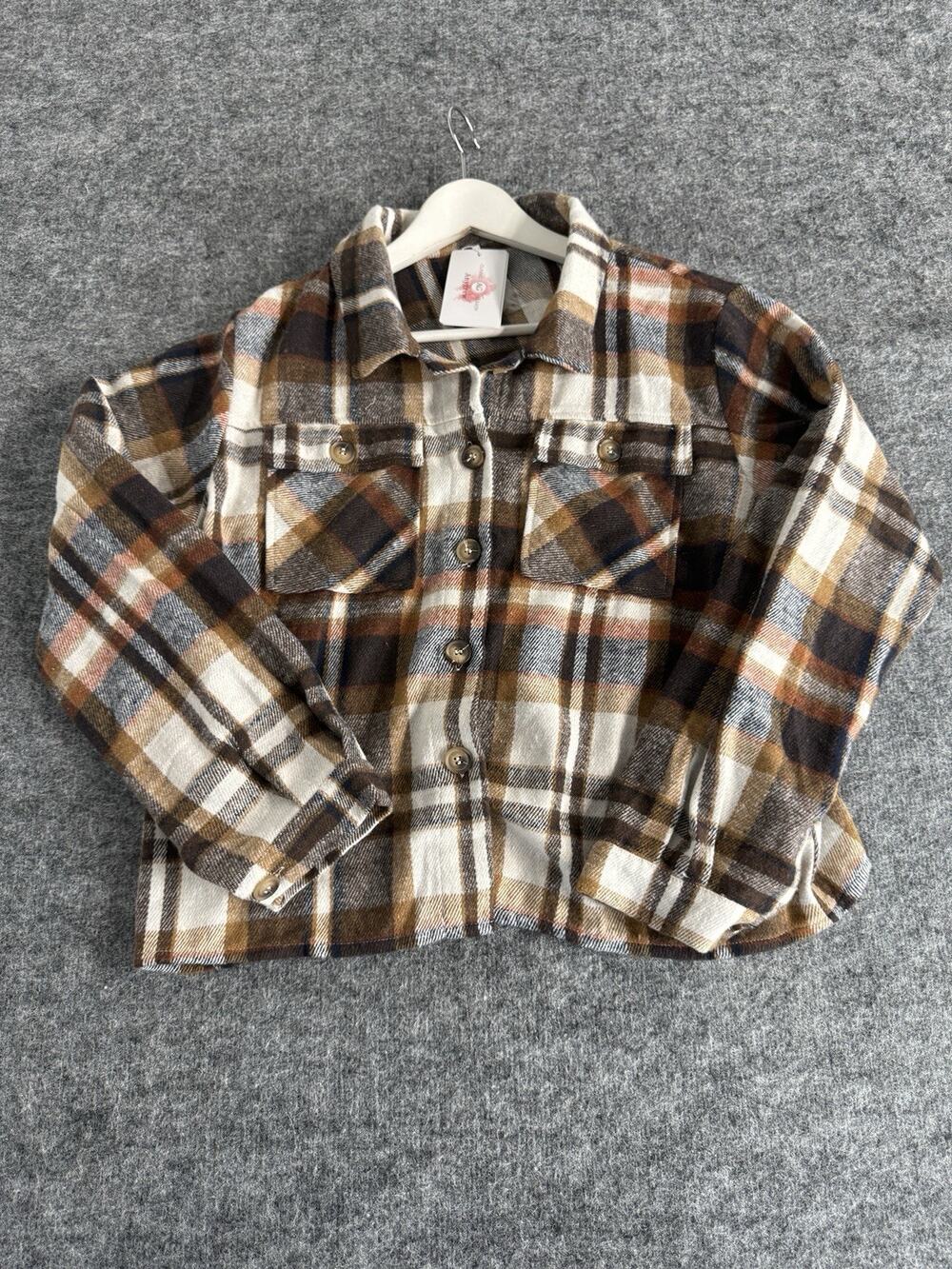 Anygrew Flannel Shirt Jacket Womens Large Shacket Brown Plaid Button Up N132